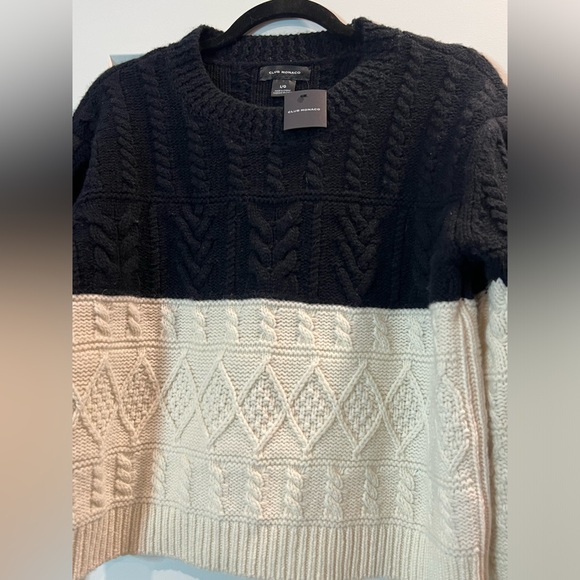BNWT Club Monaco Structured Cable Crew Wool Sweater Black & White - Picture 6 of 8